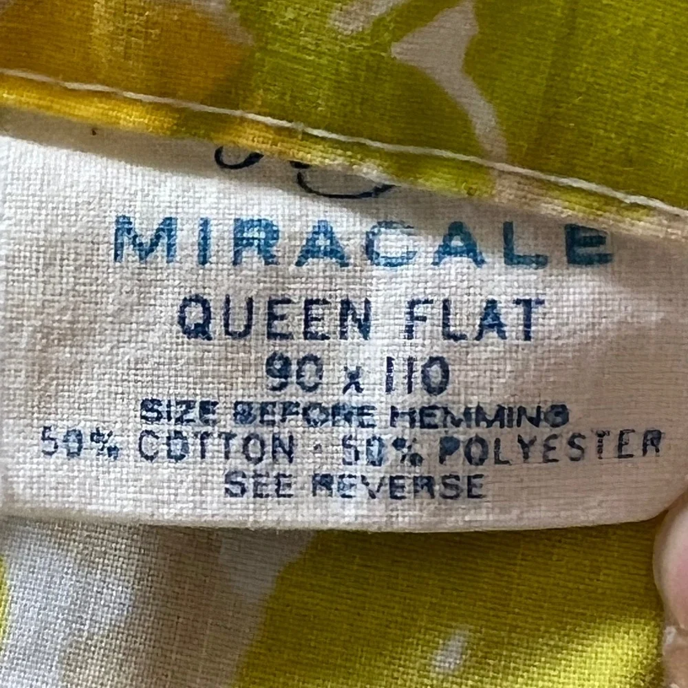 Vintage Miracale Queen Flat Sheet Retro 70s Floral Green Yellow Pink 90x110